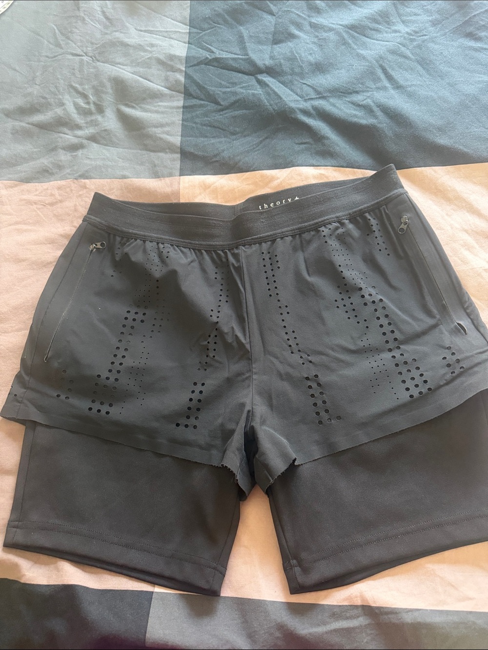 Theory Black Layered Perforated Running Shorts